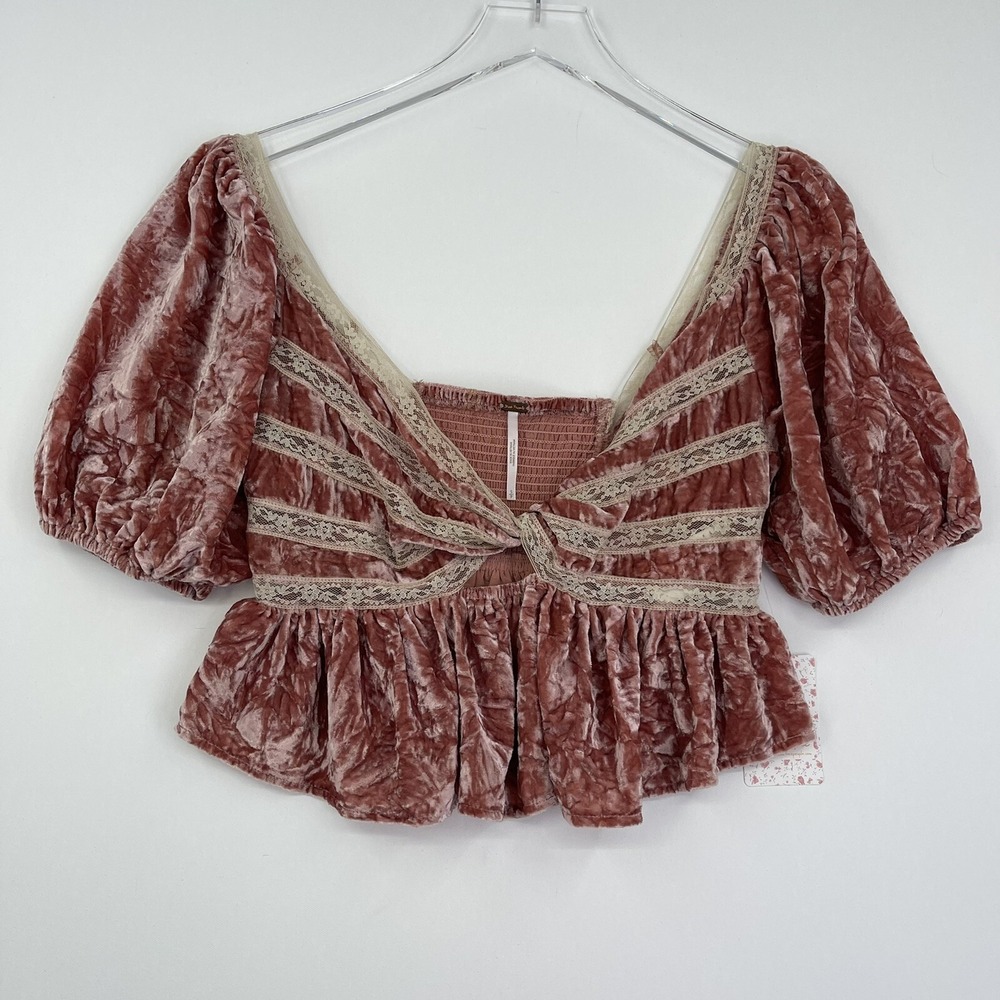 Free People Womens Pink Crushed Velvet Lace Crop Top Blouse Small OB1125204